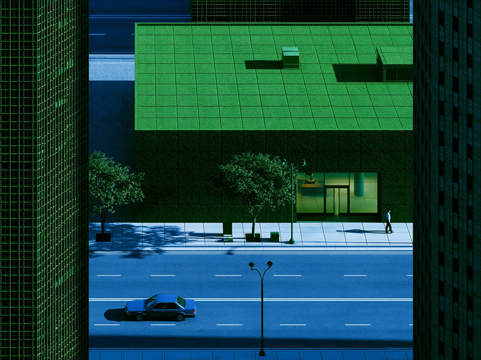 Stylized aerial view of a vivid green city building and blue street