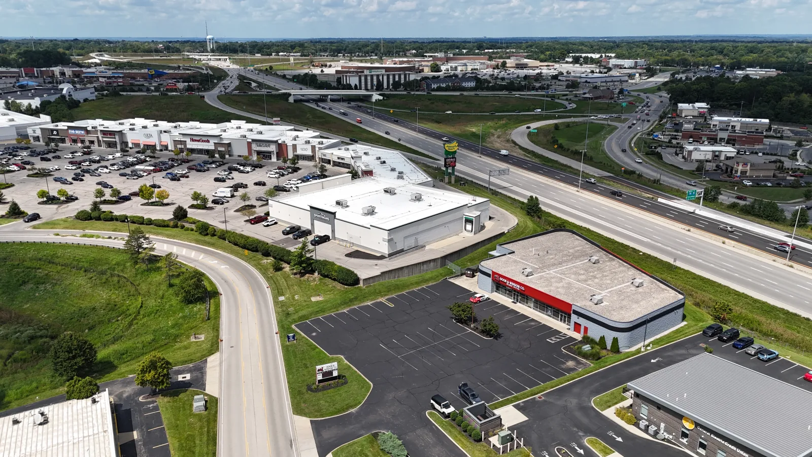 Wide aerial view of the Eastgate South Drive commercial area